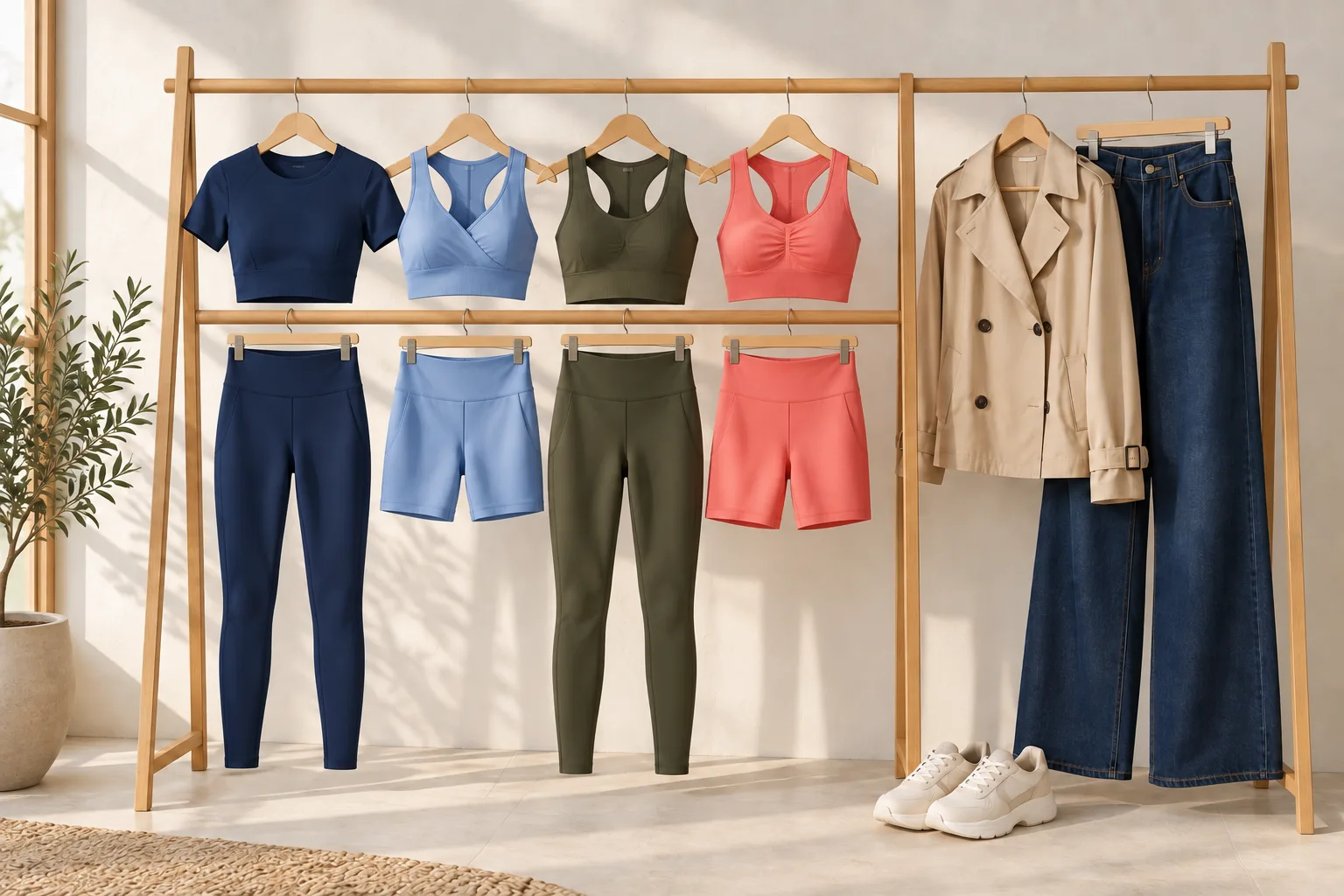 Immagine AI di ispirazione: una selezione illustrativa di top, leggings e shorts blu, azzurri, verdi e corallo, accanto a una giacca beige e jeans.
