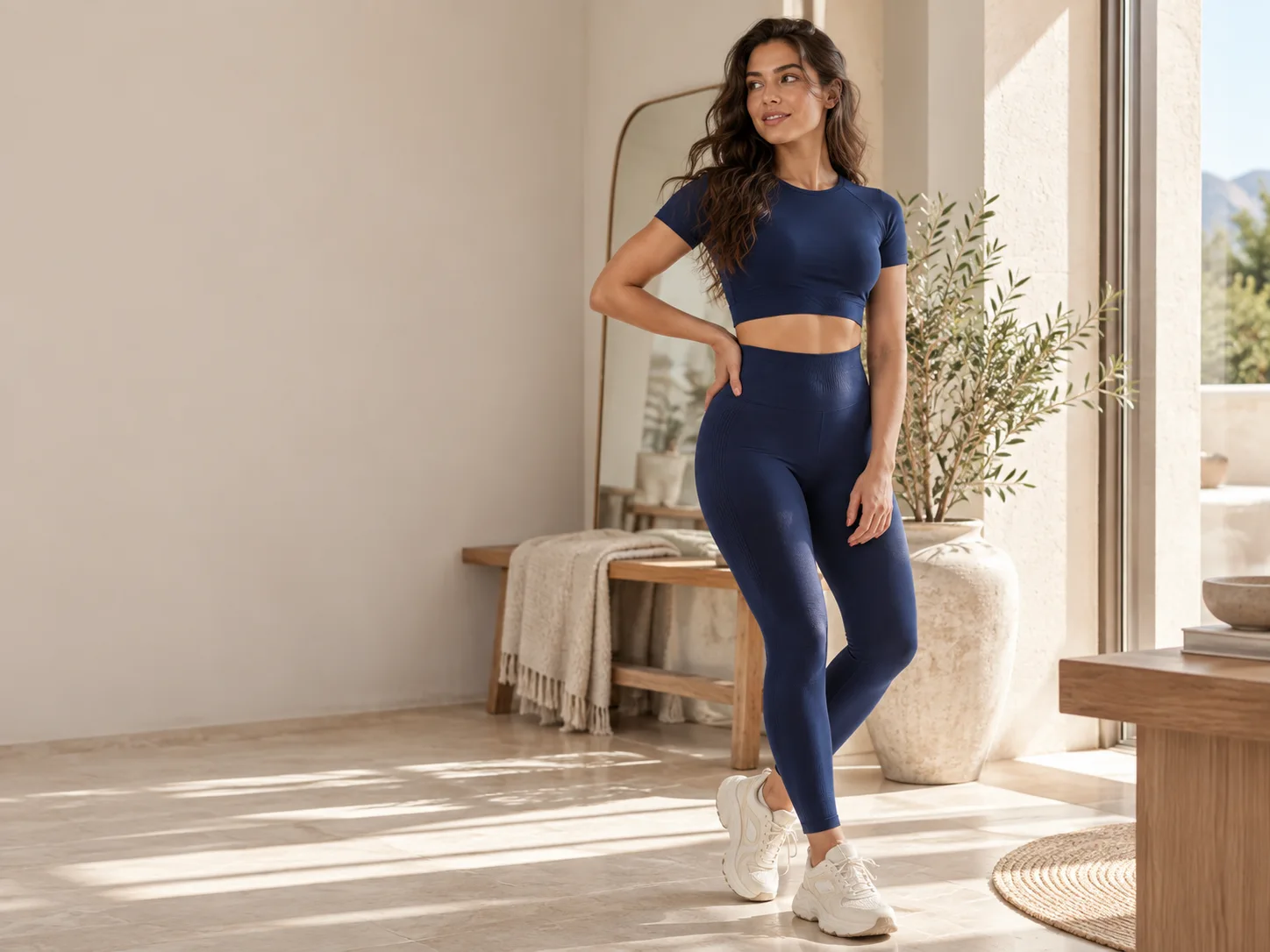 Immagine AI di ispirazione: una donna indossa un top a manica corta e leggings blu scuro in un ambiente luminoso.