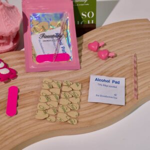 A nail sticker set with 1 sheet of 24 nail sticker, an mini nail buffer, an alcohol pad and a stick