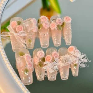 Rose Manor Long Press On Nails, handmade by Fasunidy, 3d nails
