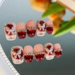 Burgundy Butterfly Short Nails