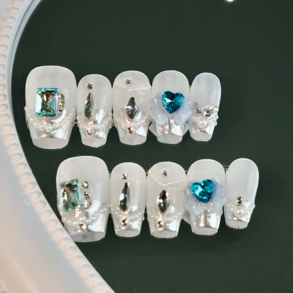 Aquamarine Pearl Short Press On Nails, handmade by Fasunidy, 3d nails