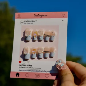 Aurora Camellias Medium Press On Nails, handmade by Fasunidy, celestial 3d french nails, fleurs ongles
