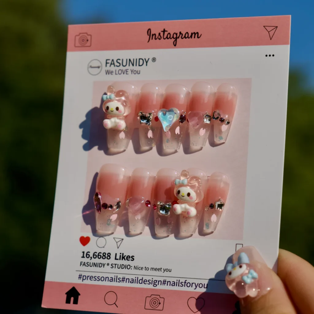 Vivid My Melody Medium Press On Nails, handmade by Fasunidy, 3d nails, sanrio, , cartoon